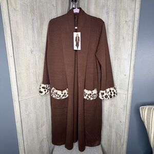 MaxSport Longline Cardigan Sweater with Faux Fur Leopard Cuffs
